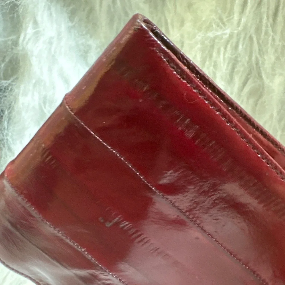 Vintage Genuine Eel‎ Skin Bifold Wallet Burgundy Red Exotic Leather Glossy Slim